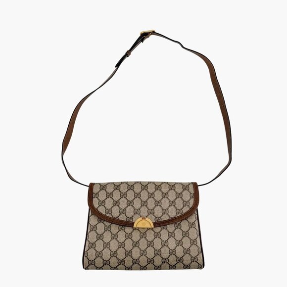 Gucci Vintage GG Monogram Crossbody Shoulder Flap Bag Beige Coated Canvas Brown - Picture 2 of 15